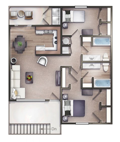 Floor plan for 2 beds, 2 baths, 856 sqft